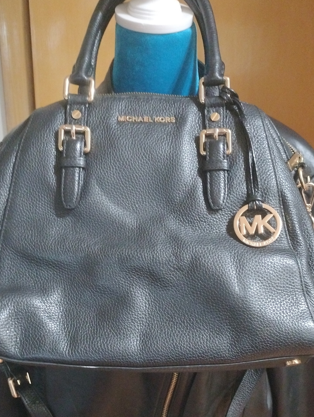 Michael Kors Black Pebbled Leather Dome Satchel with Gold Hardware